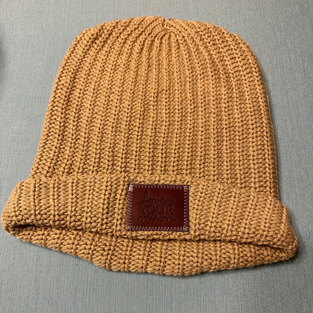 Tan Love Your Melon cuffed beanie with brown patch